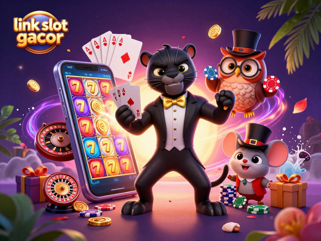Experience the thrill of link slot gacor with a playful black panther, owl, and mouse in a vibrant casino scene.