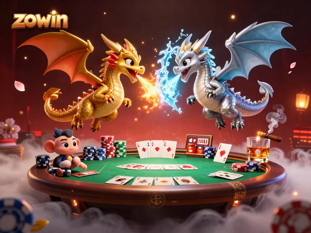 Experience intense gaming action with Zowin, featuring dynamic gold and silver dragons amidst poker elements.