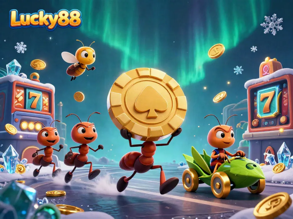 Join the Lucky88 heist with ants carrying a giant chip in a vivid casino adventure.