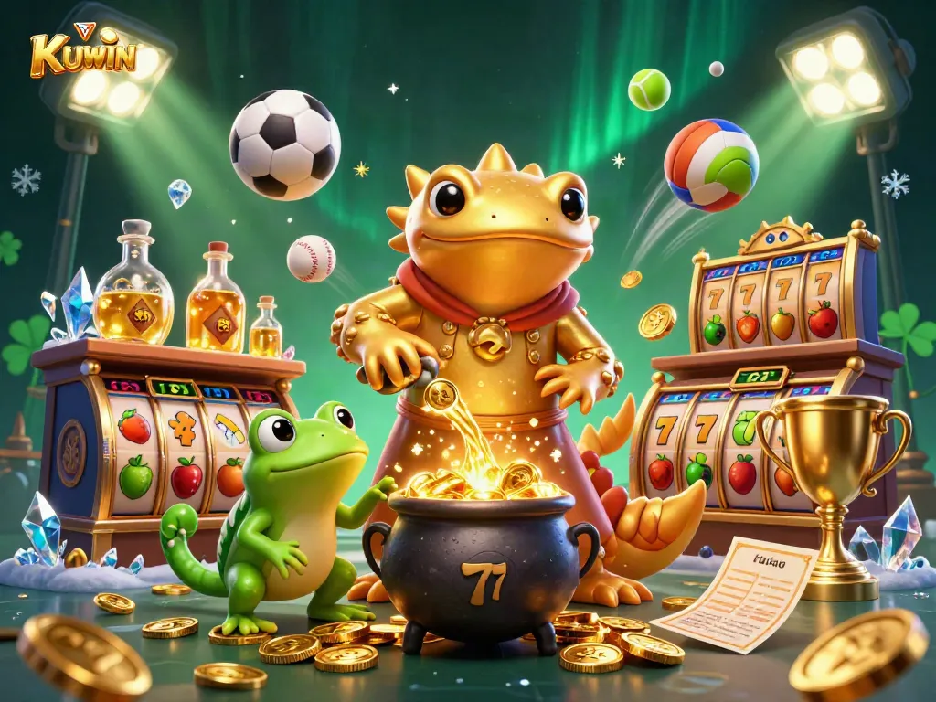 Experience the thrilling KUWIN casino with a dynamic illustration of magical characters transforming metals into gold amidst vibrant gaming elements.