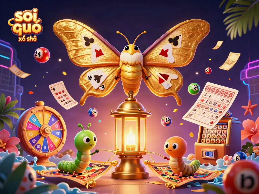 Soi cầu xổ số illustration with a colorful lottery scene featuring an atlas moth and dynamic game elements