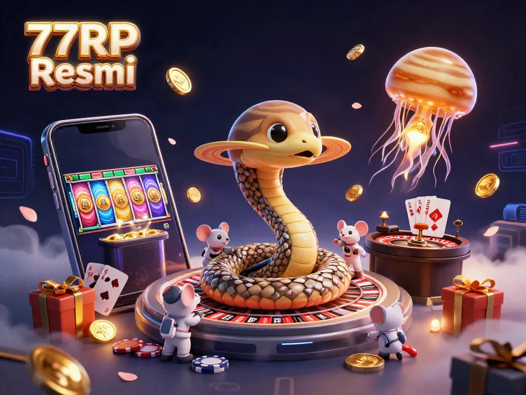 Engaging 3D illustration of 77RP Resmi featuring casino elements, playful characters, and vibrant game graphics.