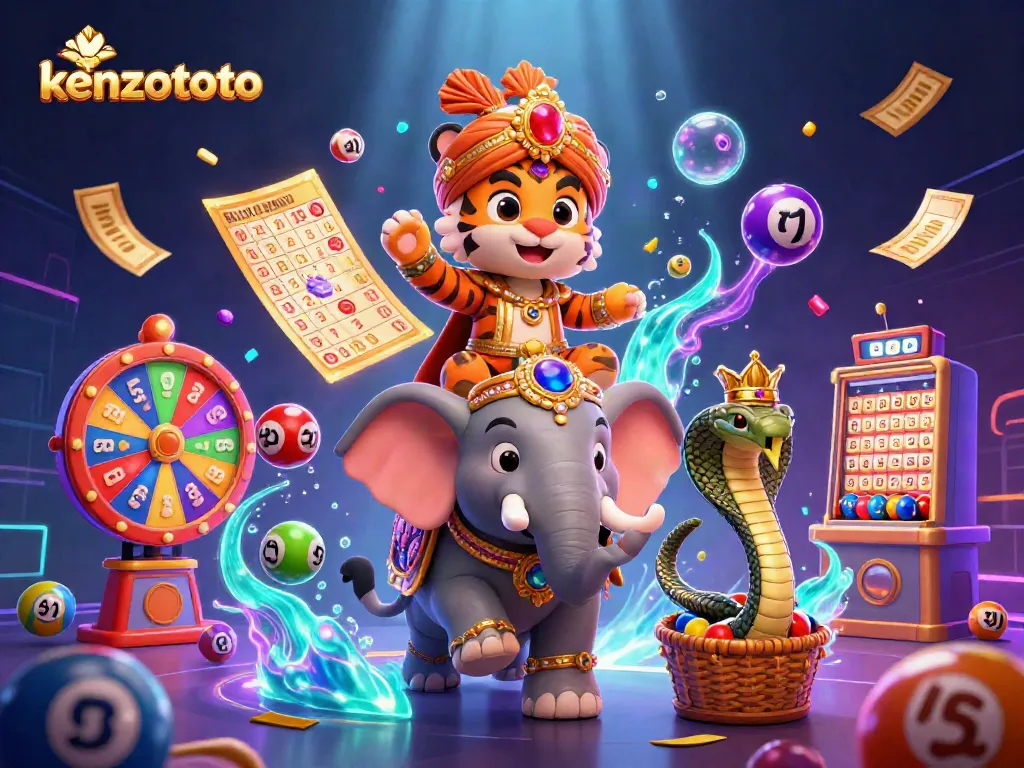 Engage with kenzototo as a tiger rides a jewel-encrusted elephant amidst vibrant lottery elements and gold confetti.