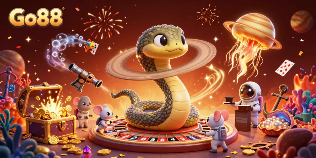 Place bets at Go88 with astronaut mice in a cosmic casino scene