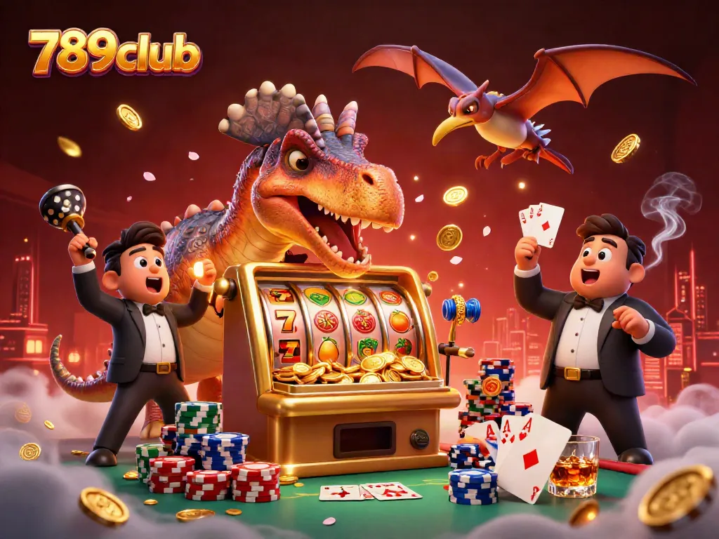 Experience the thrilling 789club jackpot as a pachycephalosaurus hits a golden slot machine, while casino elements surround it.