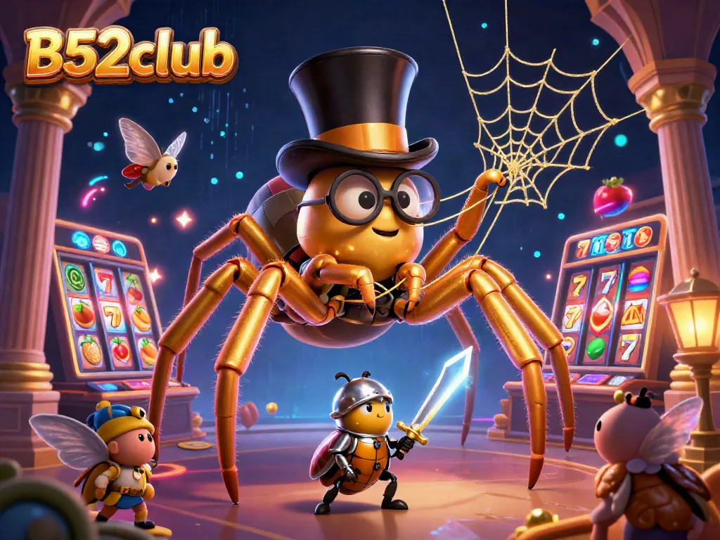 B52club's exciting scene features a golden tarantula and beetle knight in a magical casino.