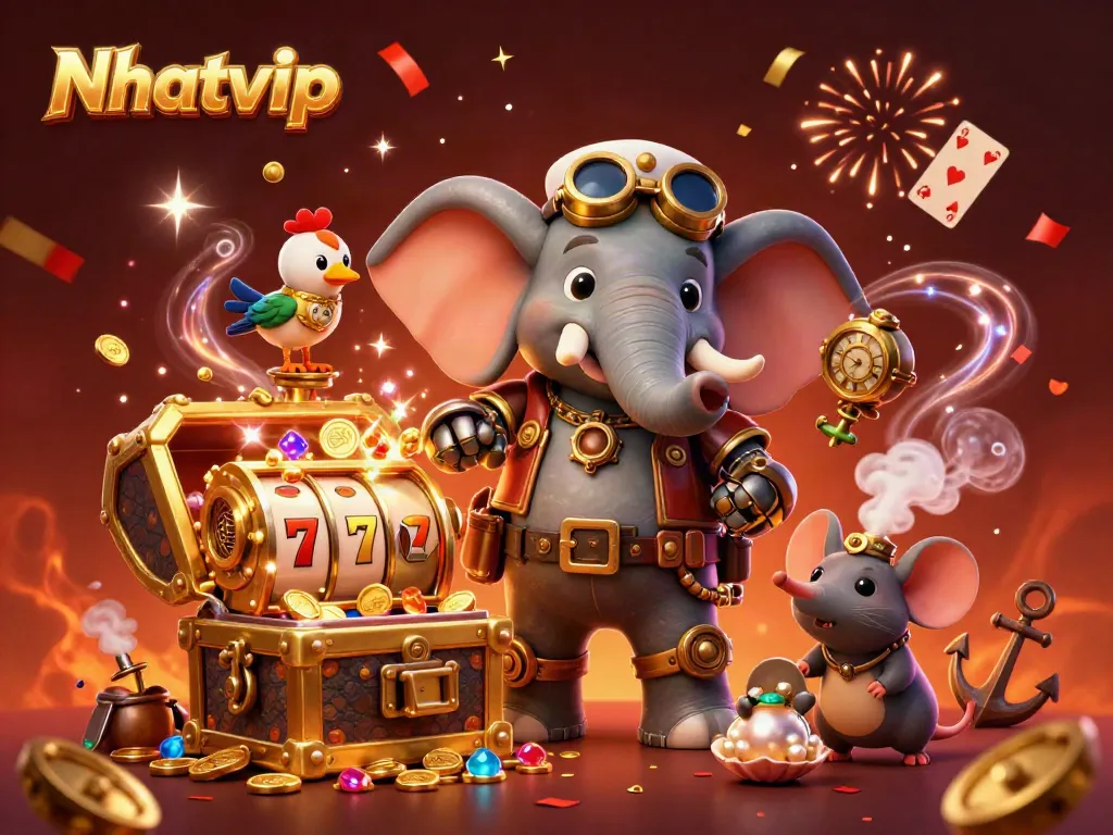 Nhatvip showcases a vibrant steampunk scene with an elephant engineer at a slot machine, celebrating casino excitement.