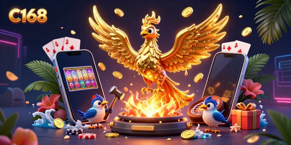 C168 showcases an ultra-detailed 3D illustration of a molten metal phoenix surrounded by dynamic gambling elements, symbolizing winning opportunities.