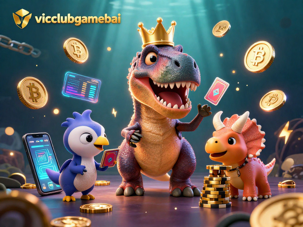Engage with vicclubgamebai's thrilling gaming experience featuring a whimsical T-Rex and friends.