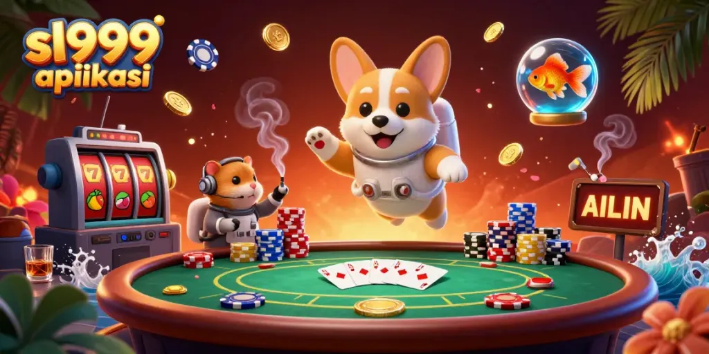 Experience the thrill of sl999 aplikasi with a vibrant 3D casino scene featuring floating characters and colorful gambling elements.