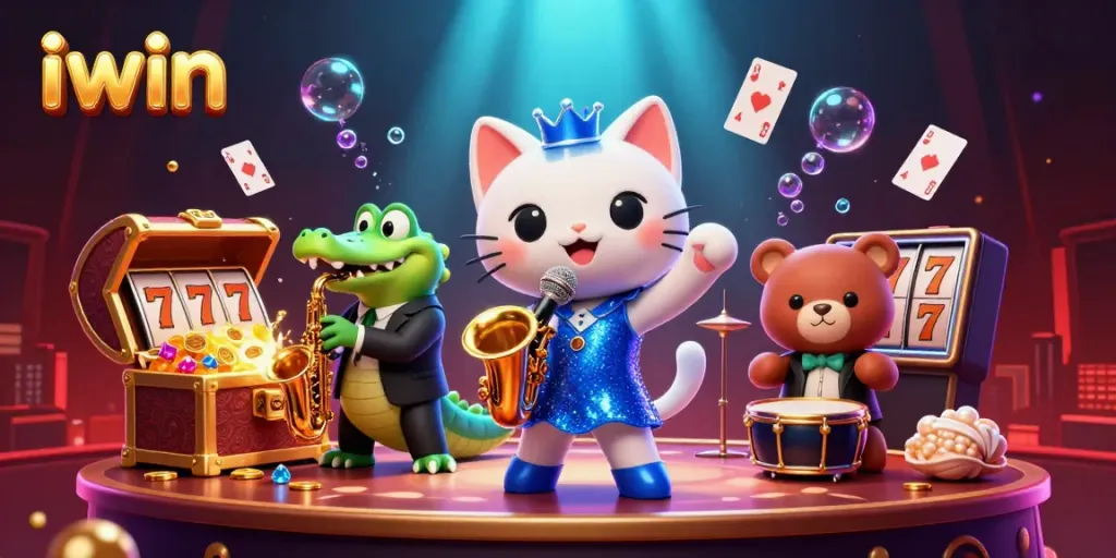 Experience the vibrant world of iwin casino with lively characters amidst glimmering slots and treasures.