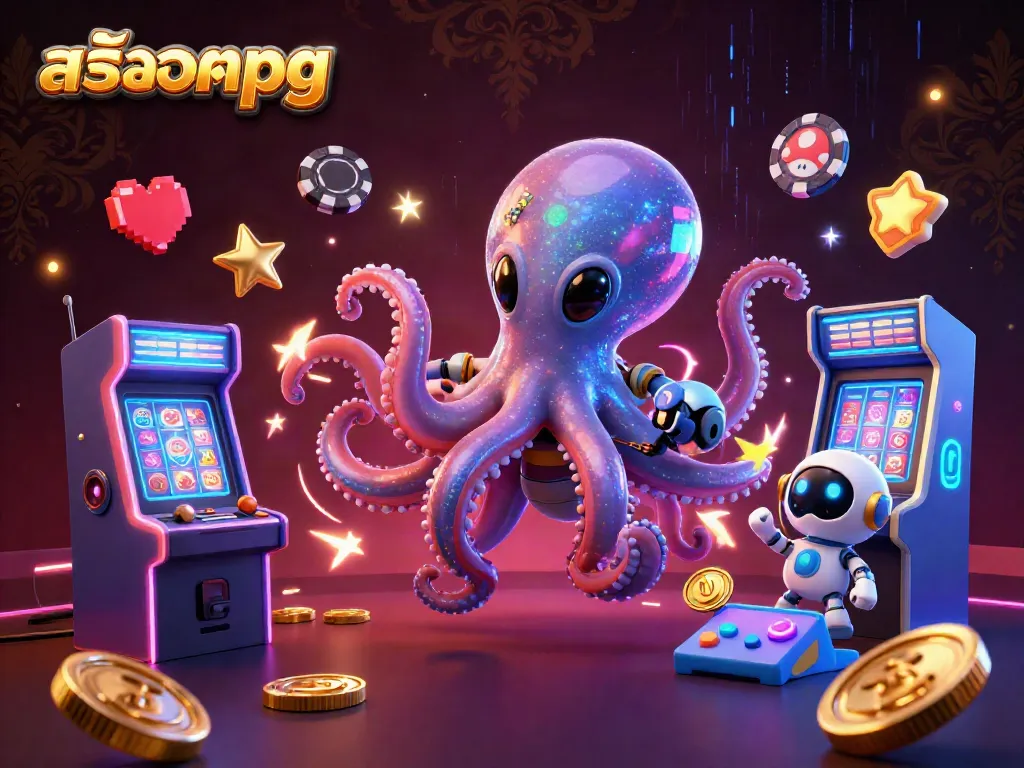 Experience thrilling สล็อตpg adventures with an alien octopus and robot at a cosmic slot machine.