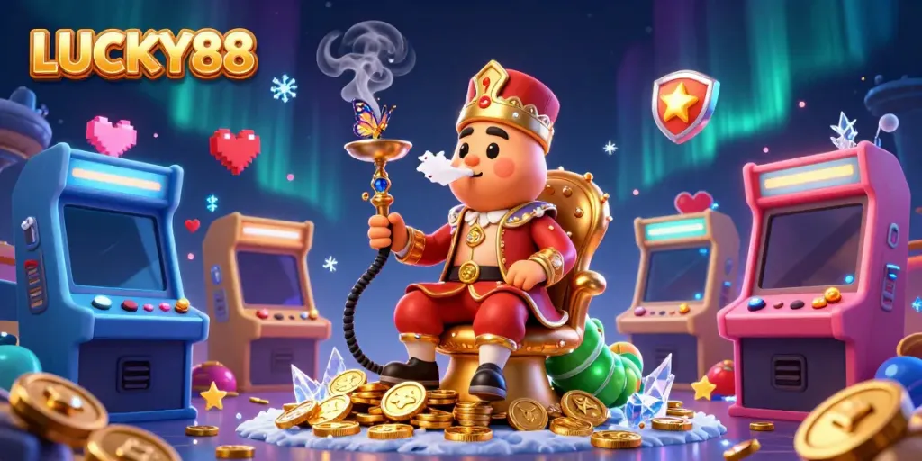 Experience the thrilling atmosphere of LUCKY88 with vibrant casino elements in an enchanting 3D scene.