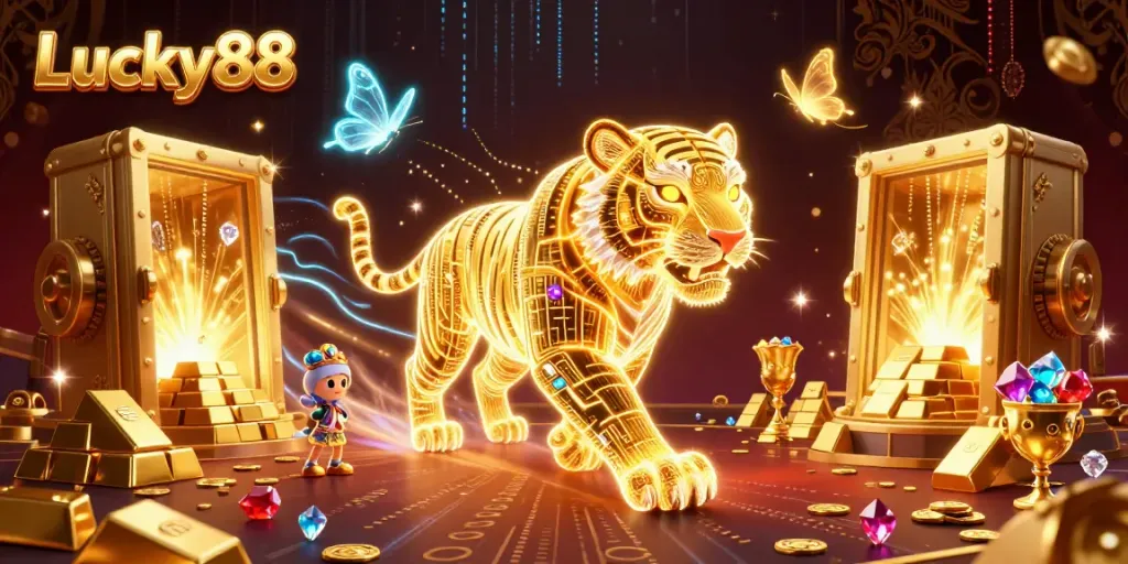Experience thrilling gameplay at Lucky88 with a golden neon tiger and treasures in a vibrant casino.