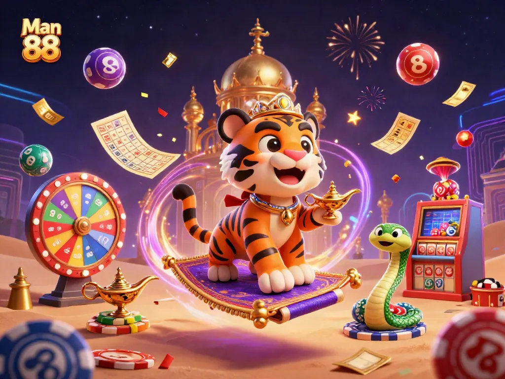 Experience thrilling gaming action with Man 88, featuring a flying carpet of poker chips and dynamic casino elements.
