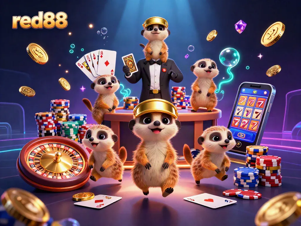 Experience excitement with red88 as meerkats manage a vibrant casino, showcasing chips and games.