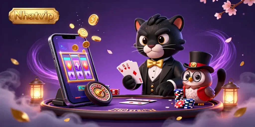 Nhatvip showcases a 3D panther dealer surrounded by vivid casino elements and vibrant game action.