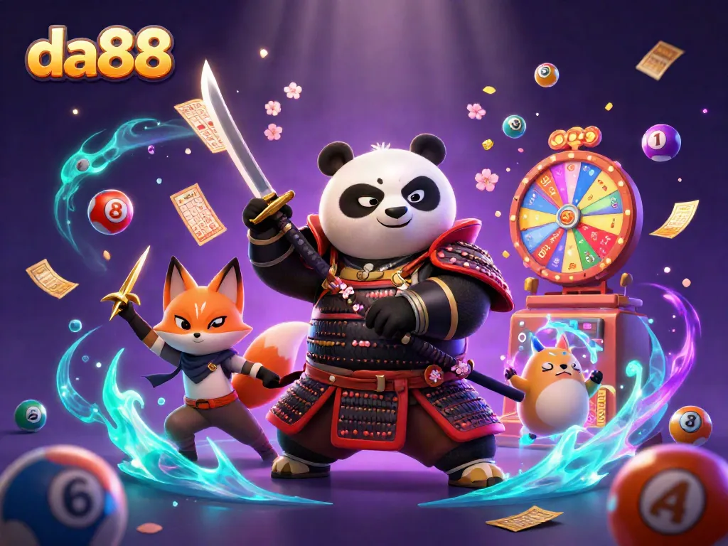 Engage in excitement with da88 as a samurai panda and ninja fox illustrate vibrant lottery action.