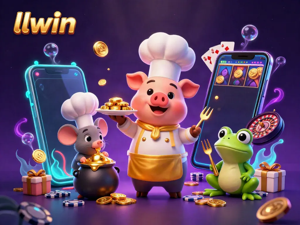 Experience thrilling excitement with llwin, a vibrant 3D cartoon scene of casino characters and game elements.
