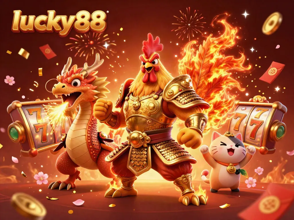 Experience thrilling gameplay with lucky88, featuring a warrior rooster and dragon in a vibrant casino scene.