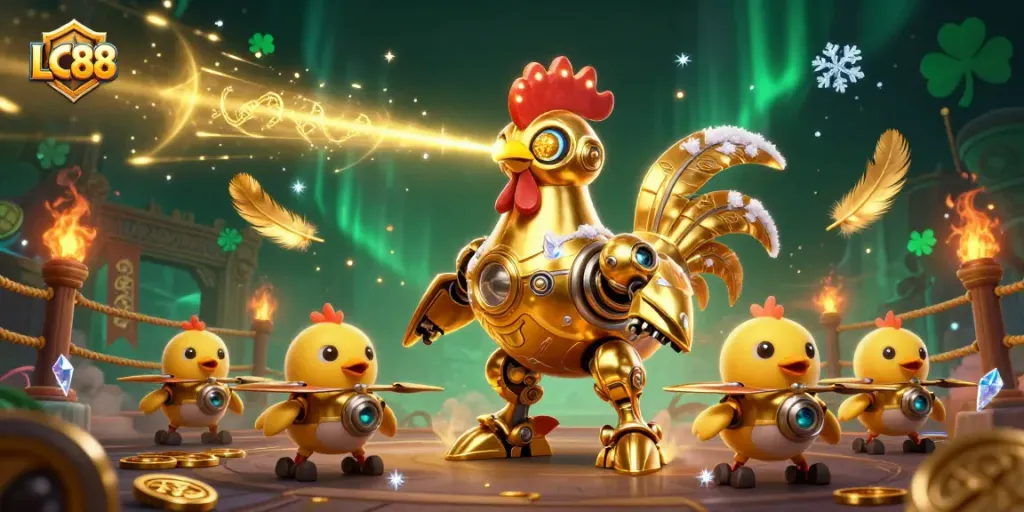 LC88 unveils a dynamic scene with a retro-futuristic golden rooster robot leading baby chick drones amidst fortune elements.