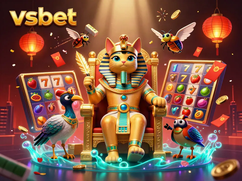Experience thrilling gameplay with vsbet's vibrant casino elements featuring a pharaoh cat and floating jackpots.