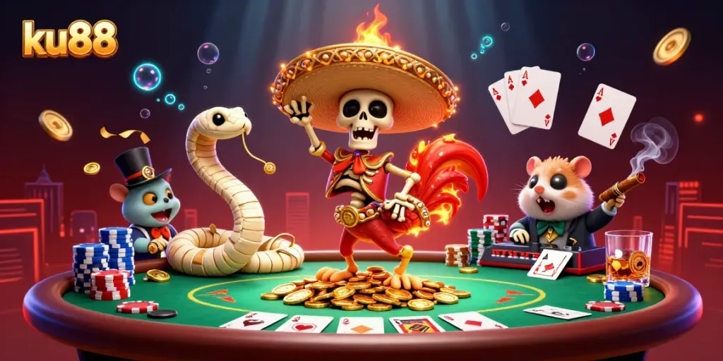 ku88 casino celebration with a dancing mariachi rooster and vibrant casino elements