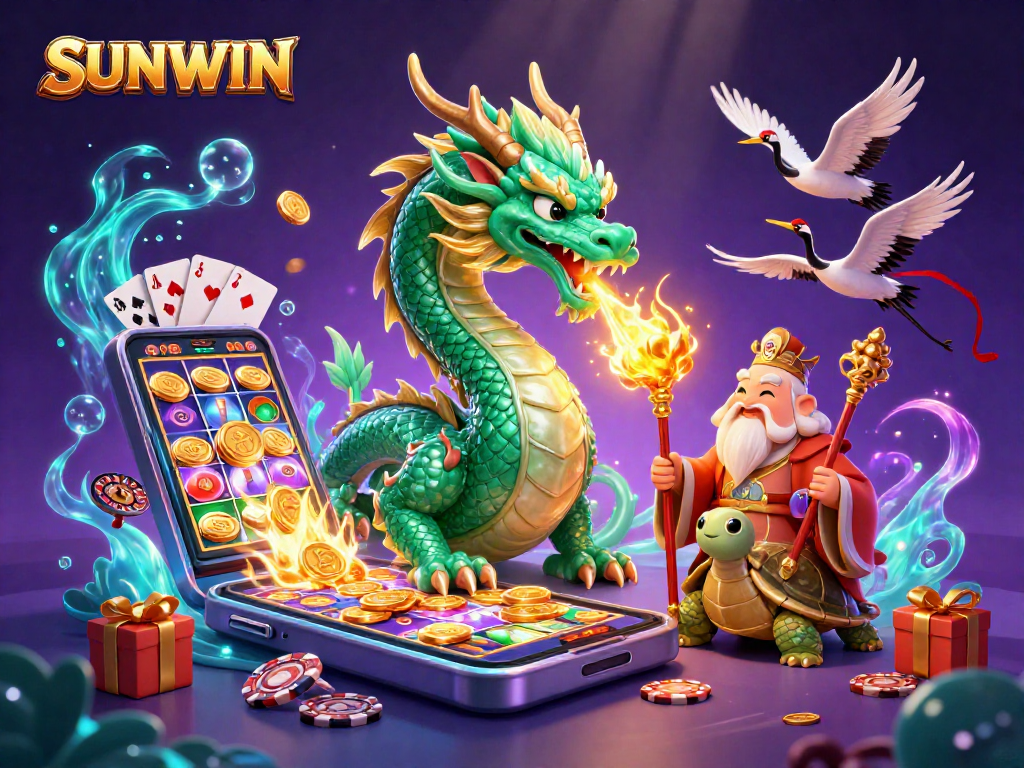 SUNWIN players engage with a vibrant scene featuring a dragon, turtle sage, and lucky cranes in a rich casino atmosphere.