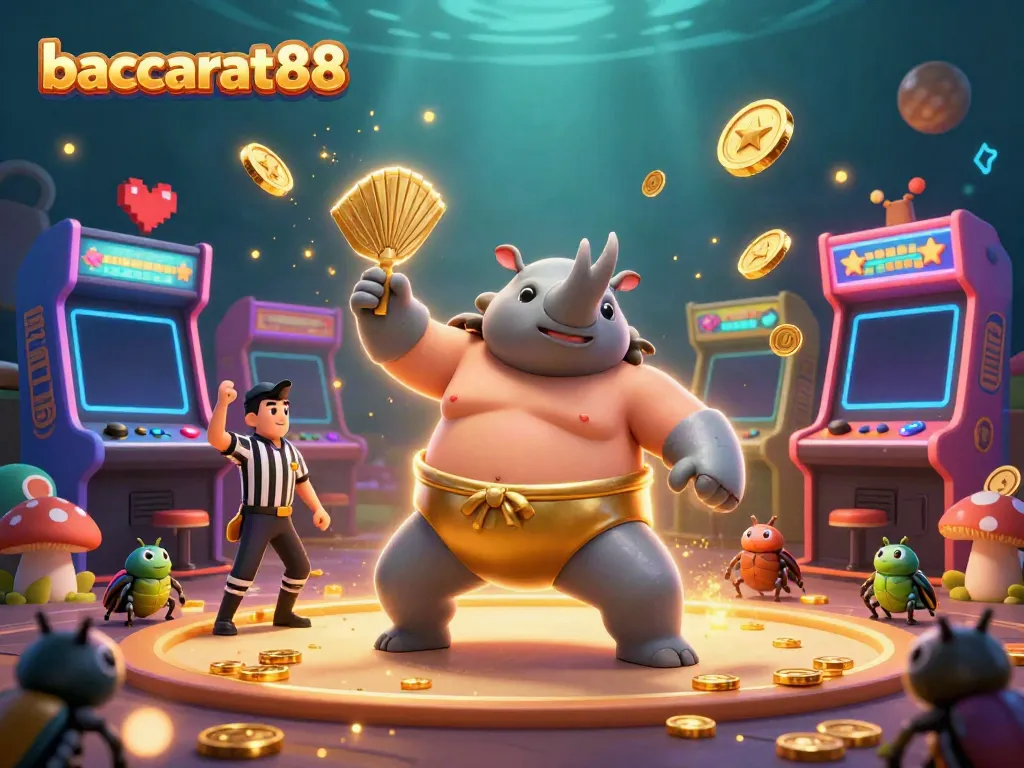 The baccarat88 scene features a sumo champion rhinoceros beetle celebrating winnings with flying coins, vibrant gaming elements.