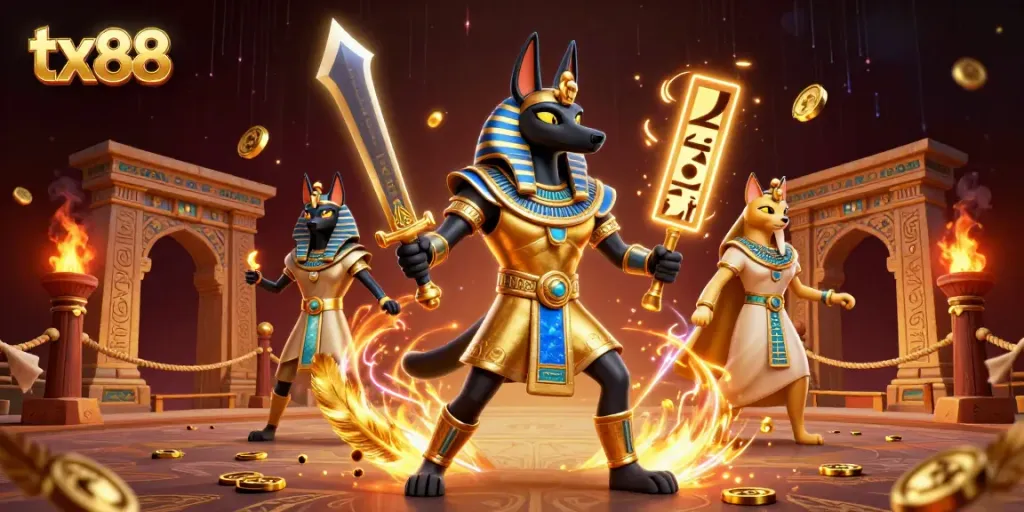 Catch exciting moments at tx88 with Anubis and Bastet in a vibrant casino setting.