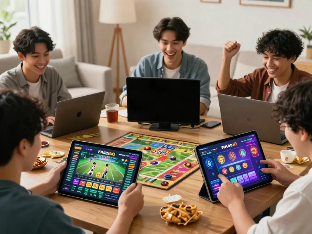 Users enjoying the five 88 gaming platform on devices in a modern living room.