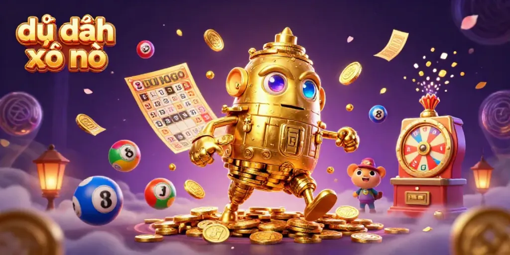 Engaging scene depicting dự đoán xổ số with colorful lottery elements and a golden golem in a dynamic setting