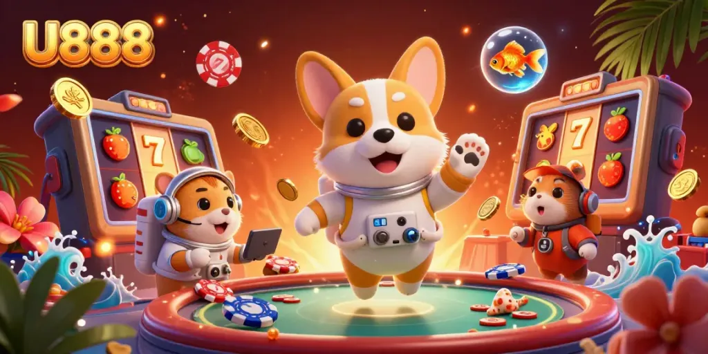 Experience the thrill at U888, featuring an astronaut corgi and friends in a vibrant casino scene.