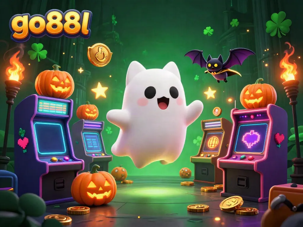 Experience the magic of go88l with a cartoon ghost cat and friends in a haunted casino setting.