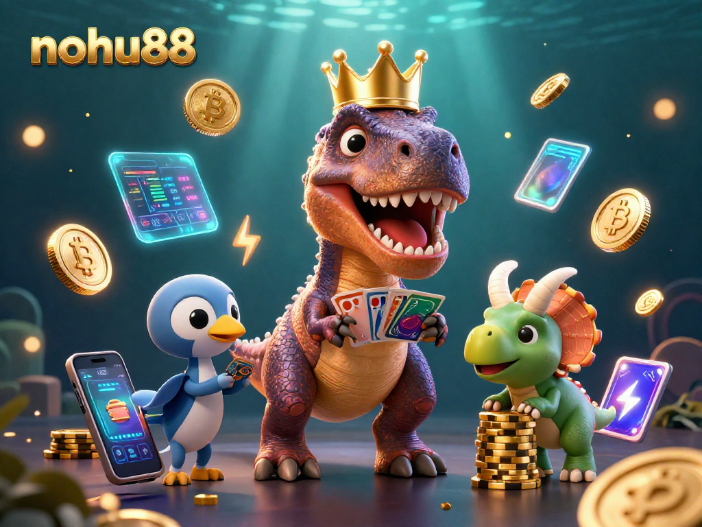 Engage with nohu88: a vibrant 3D scene showcasing T-Rex and friends in a casino atmosphere.