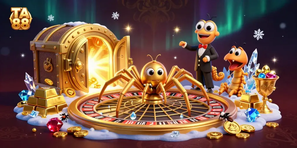 Engage with TA 88's vibrant online casino world as a golden spider spins a roulette wheel web.