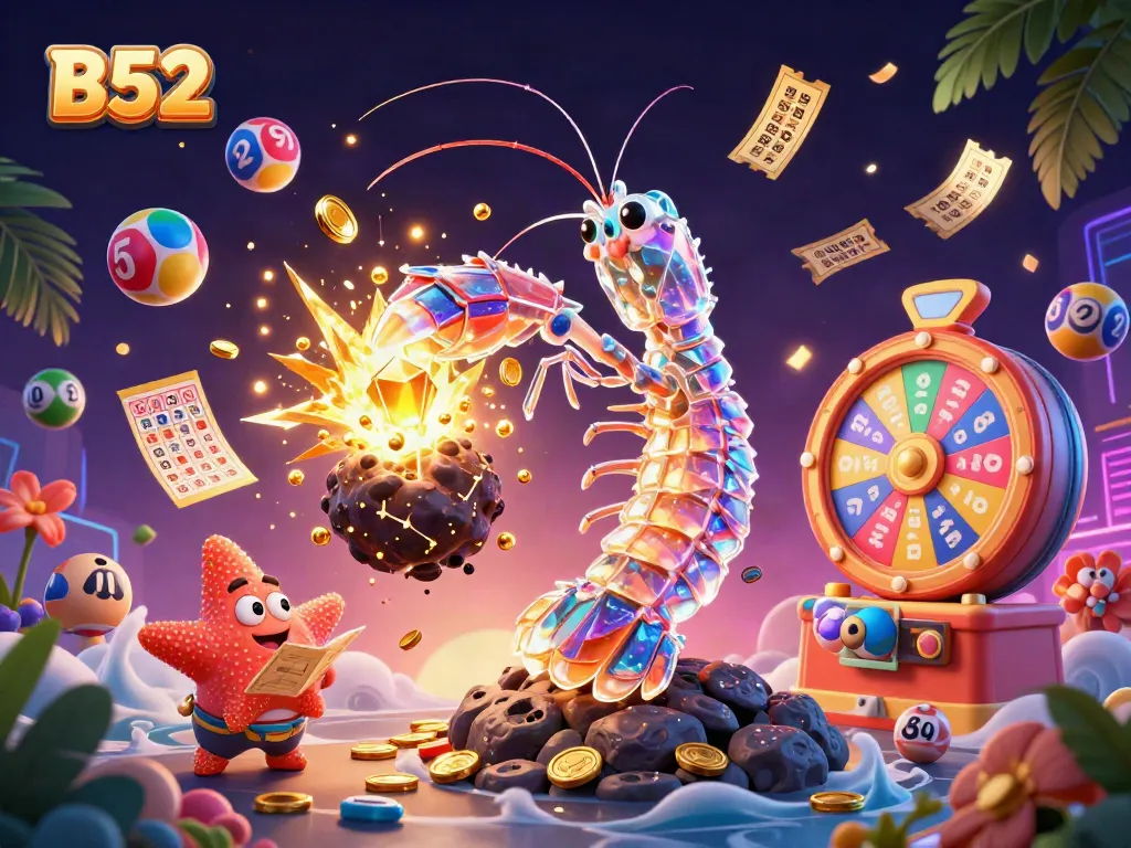 Engage with the vibrant B52 casino scene, featuring a galactic samurai amidst golden coins and colorful lottery elements.